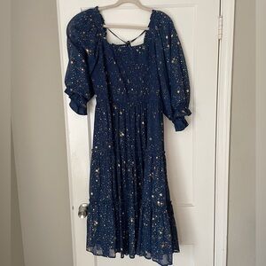 Size 2X Ivy City navy square neck tiered midi dress